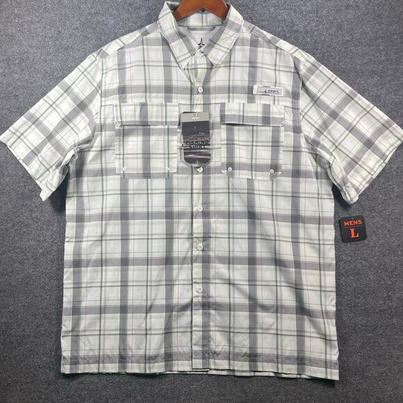 Habit NWT Button Down Fishing Shirt Men's Large Gray/Green Plaid UPF 40+ - Picture 1 of 11